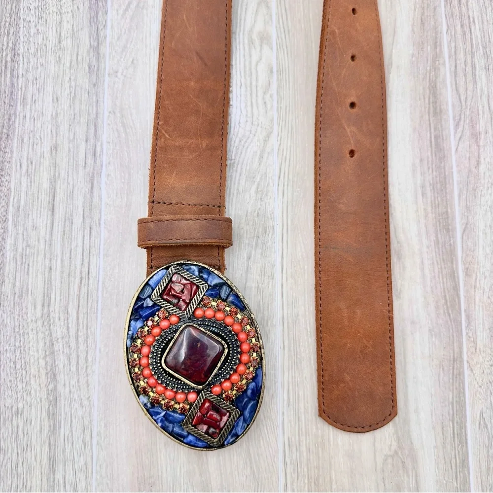 Leatherock Brown Leather Belt w/ Beautiful Stone Embellished Buckle XS 28”-32”